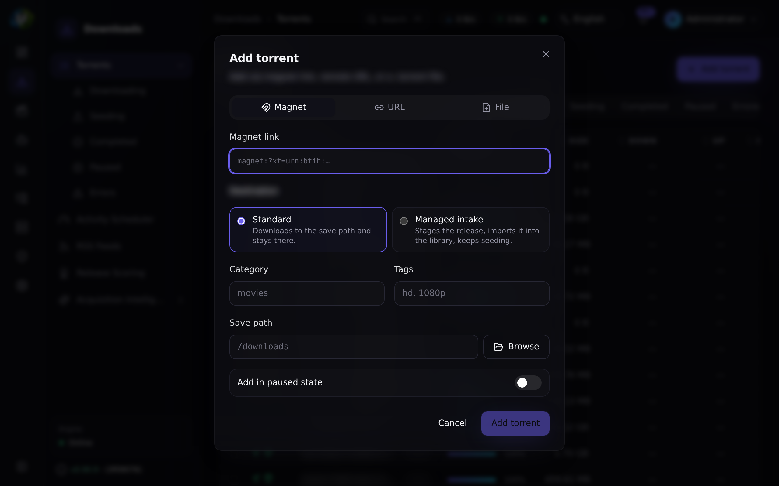 The Add torrent dialog, Magnet tab