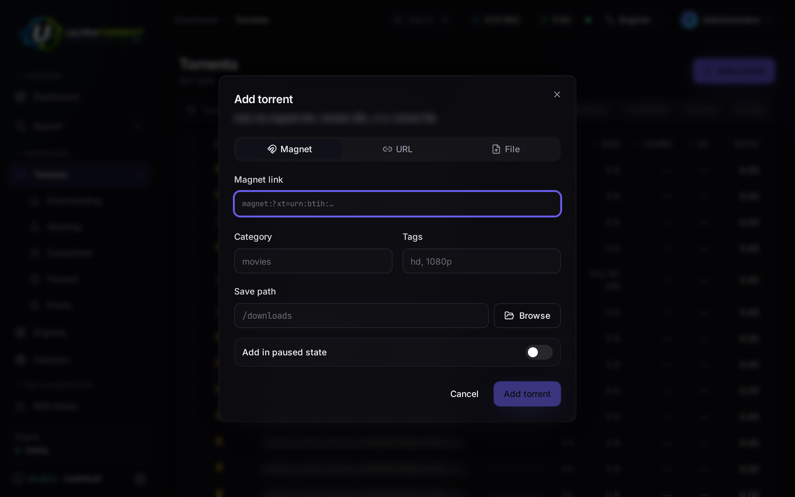 The Add torrent dialog, Magnet tab