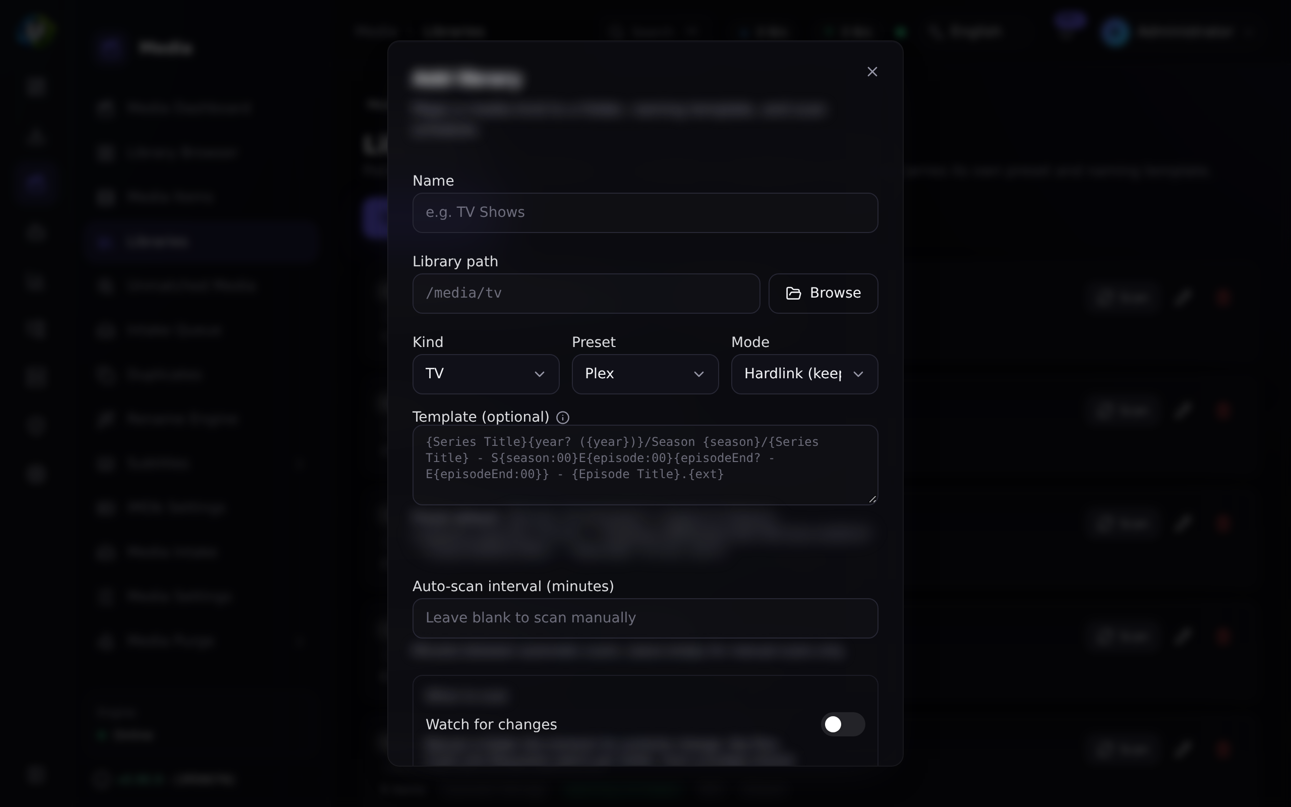 Add library dialog with kind, preset and mode