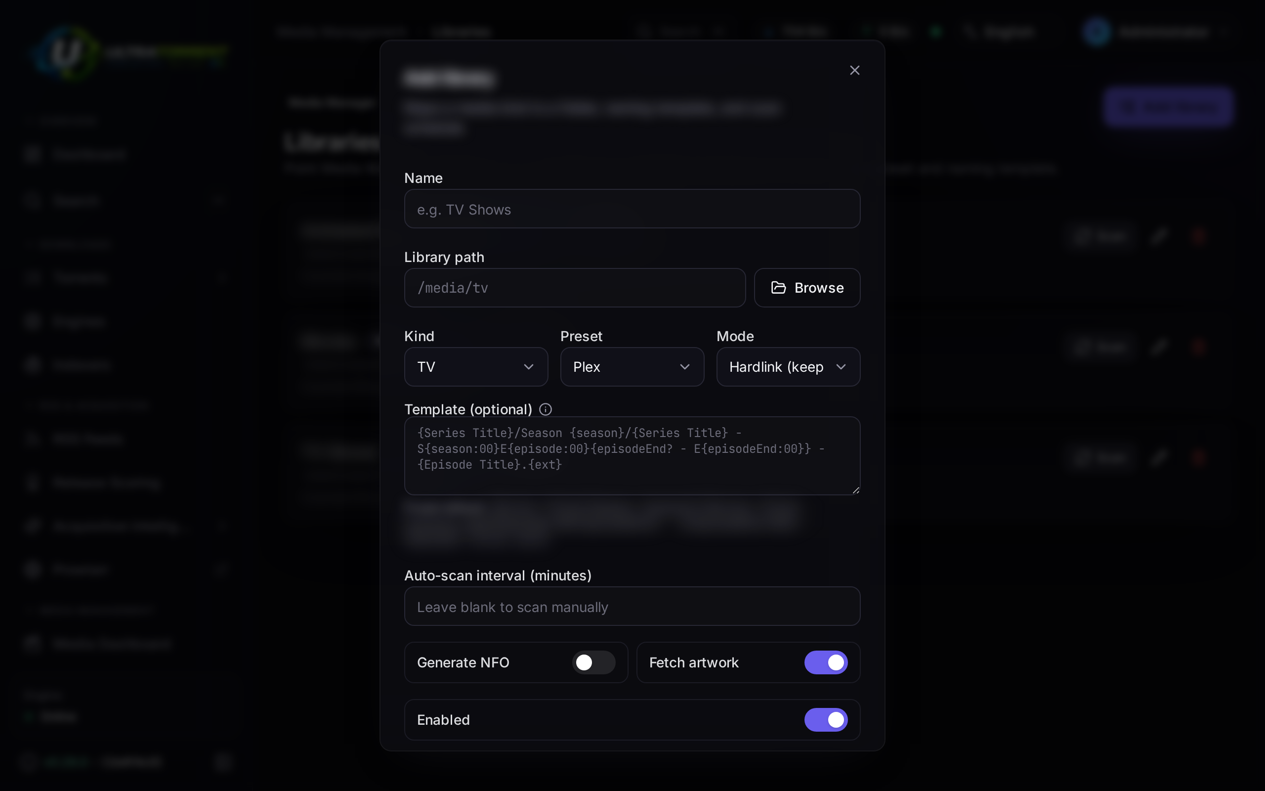 Add library dialog with kind, preset and mode