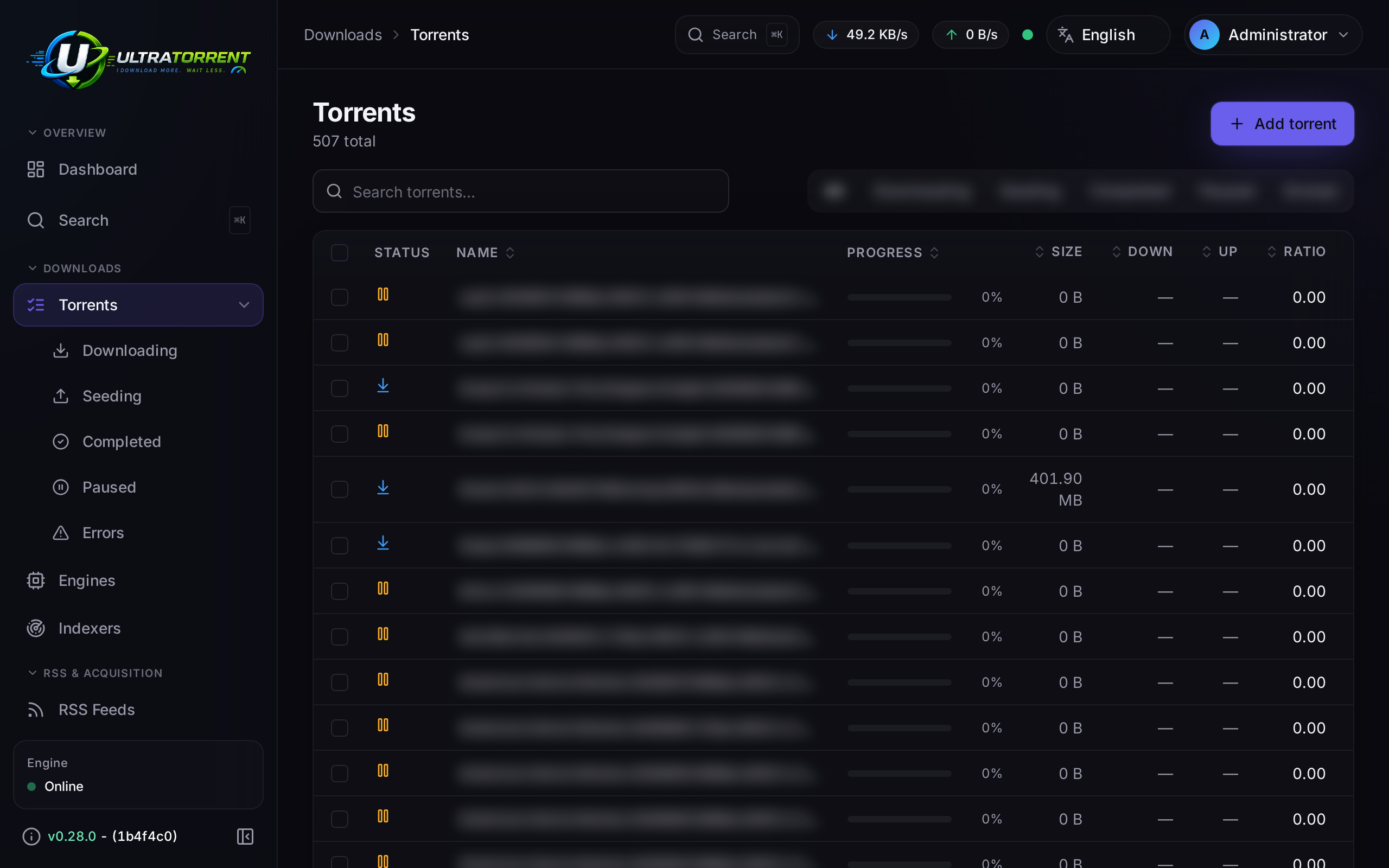 Empty Torrents page with the Add torrent call to action