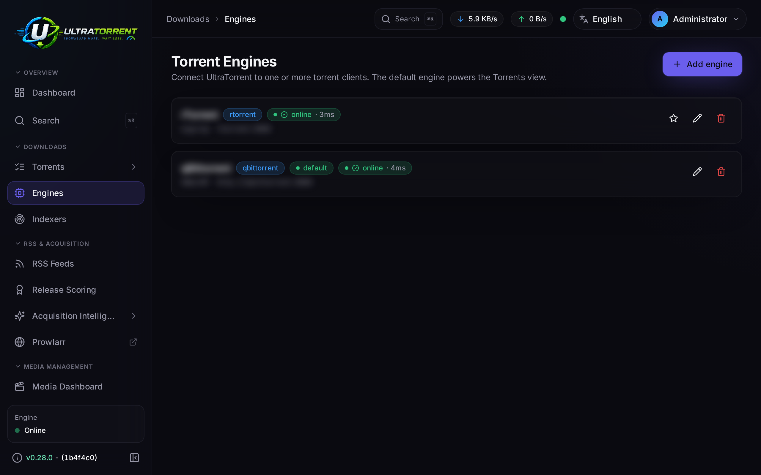 Engines page with a registered default engine