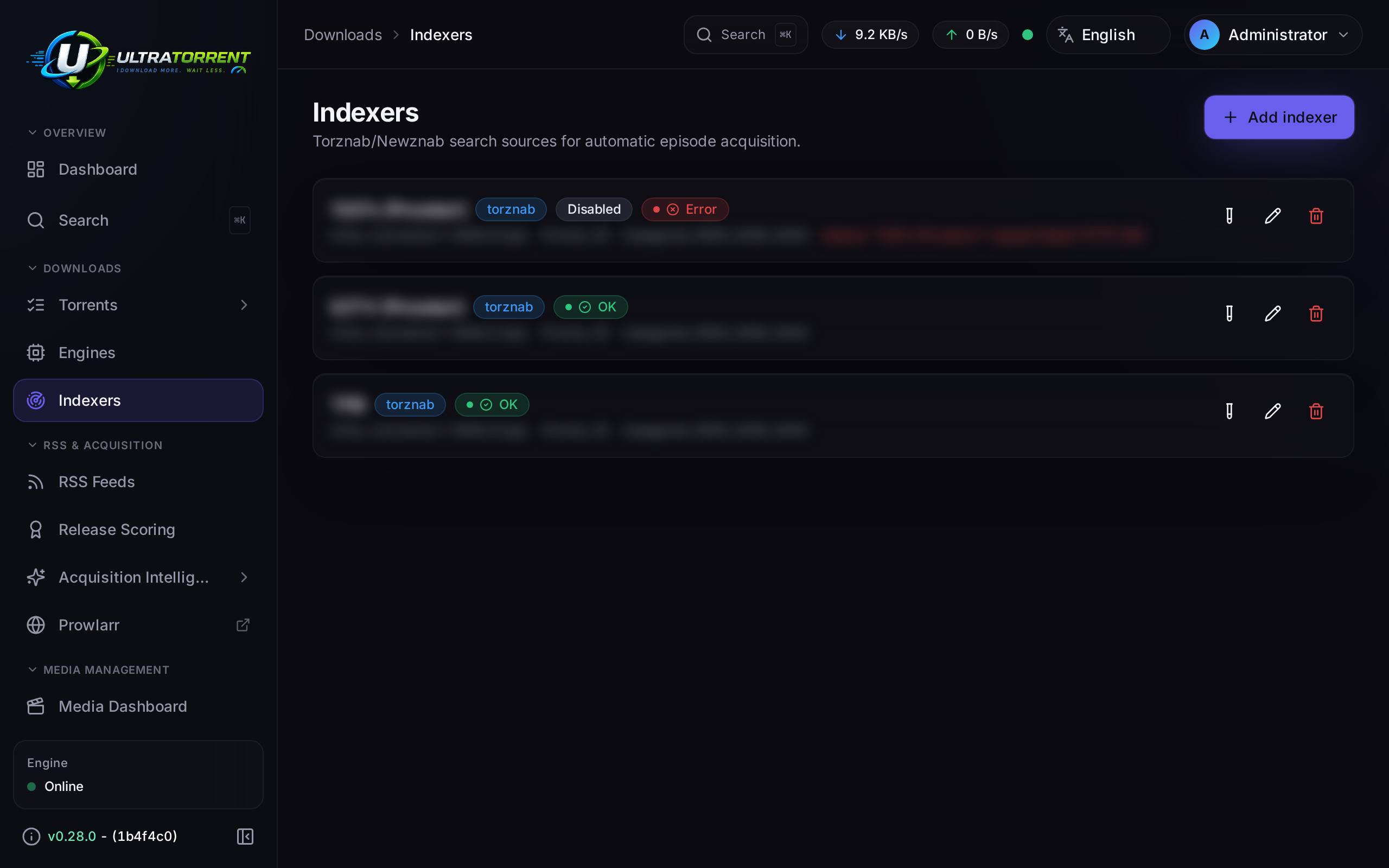 Indexers page with one tested Torznab indexer