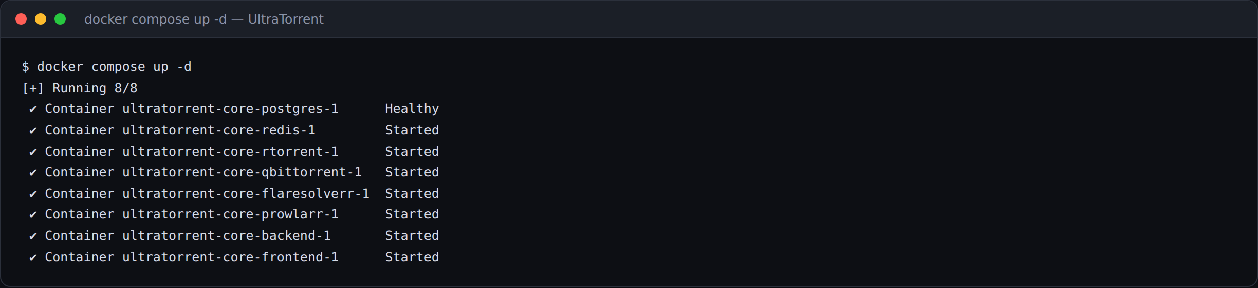 Docker Compose levantando el stack de UltraTorrent