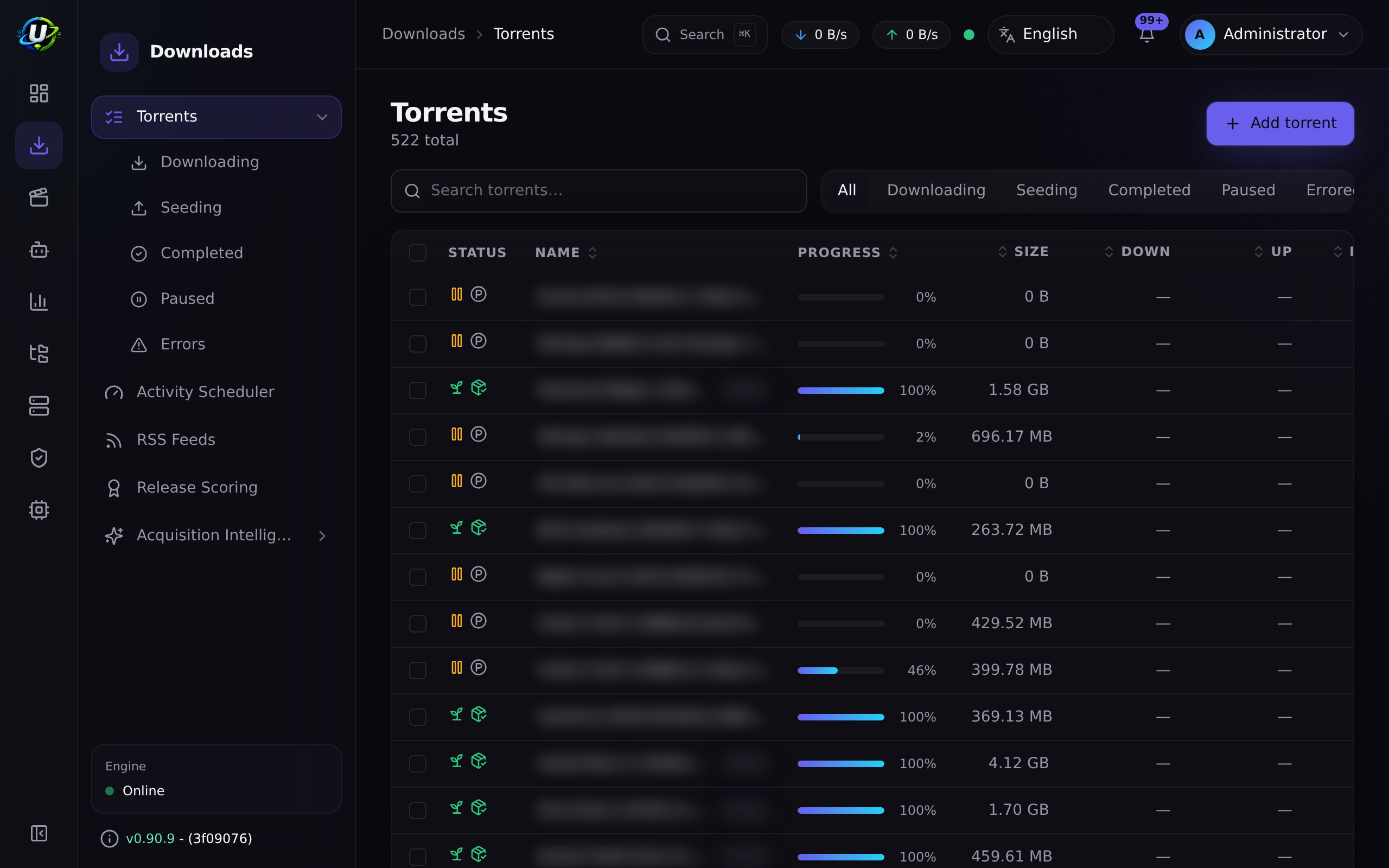 página de Torrents mostrando un torrent completado y compartiendo