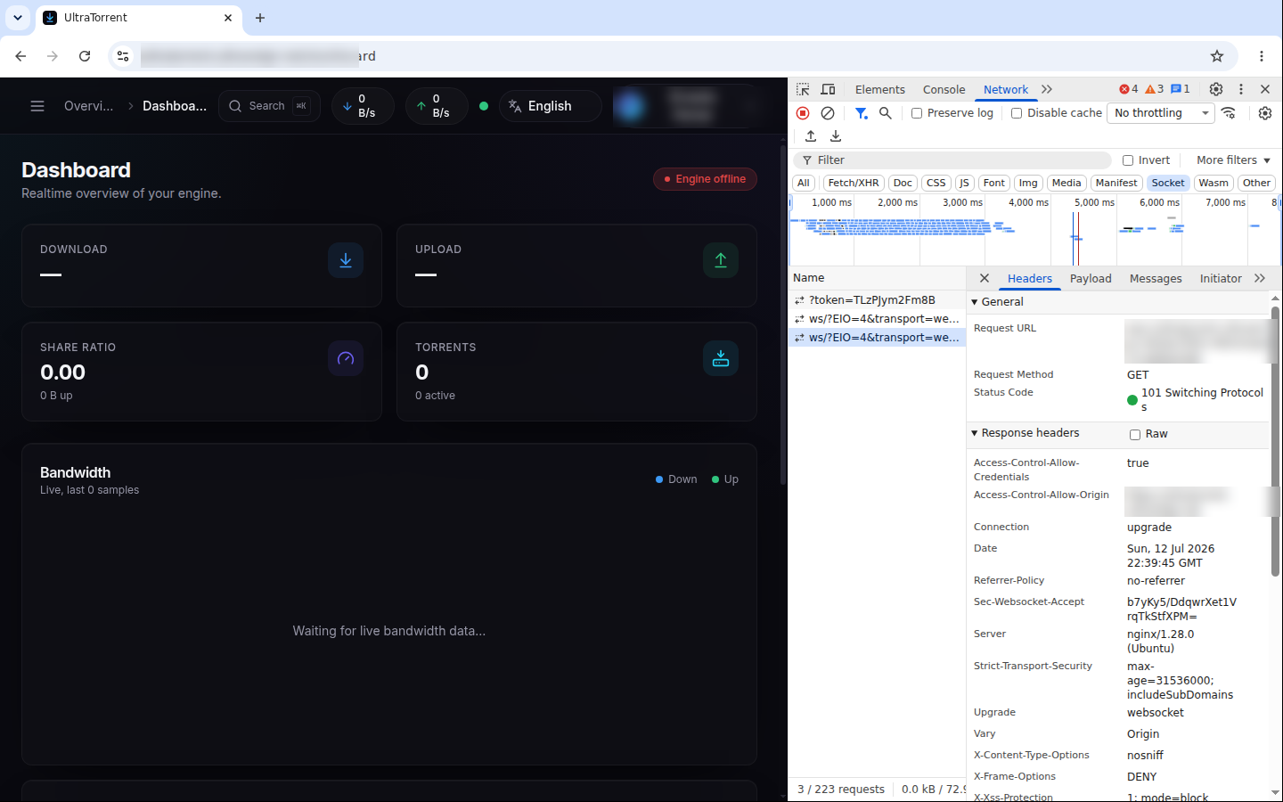Panel Network de DevTools, filtro Socket: la petición /ws/ devuelve 101 Switching Protocols