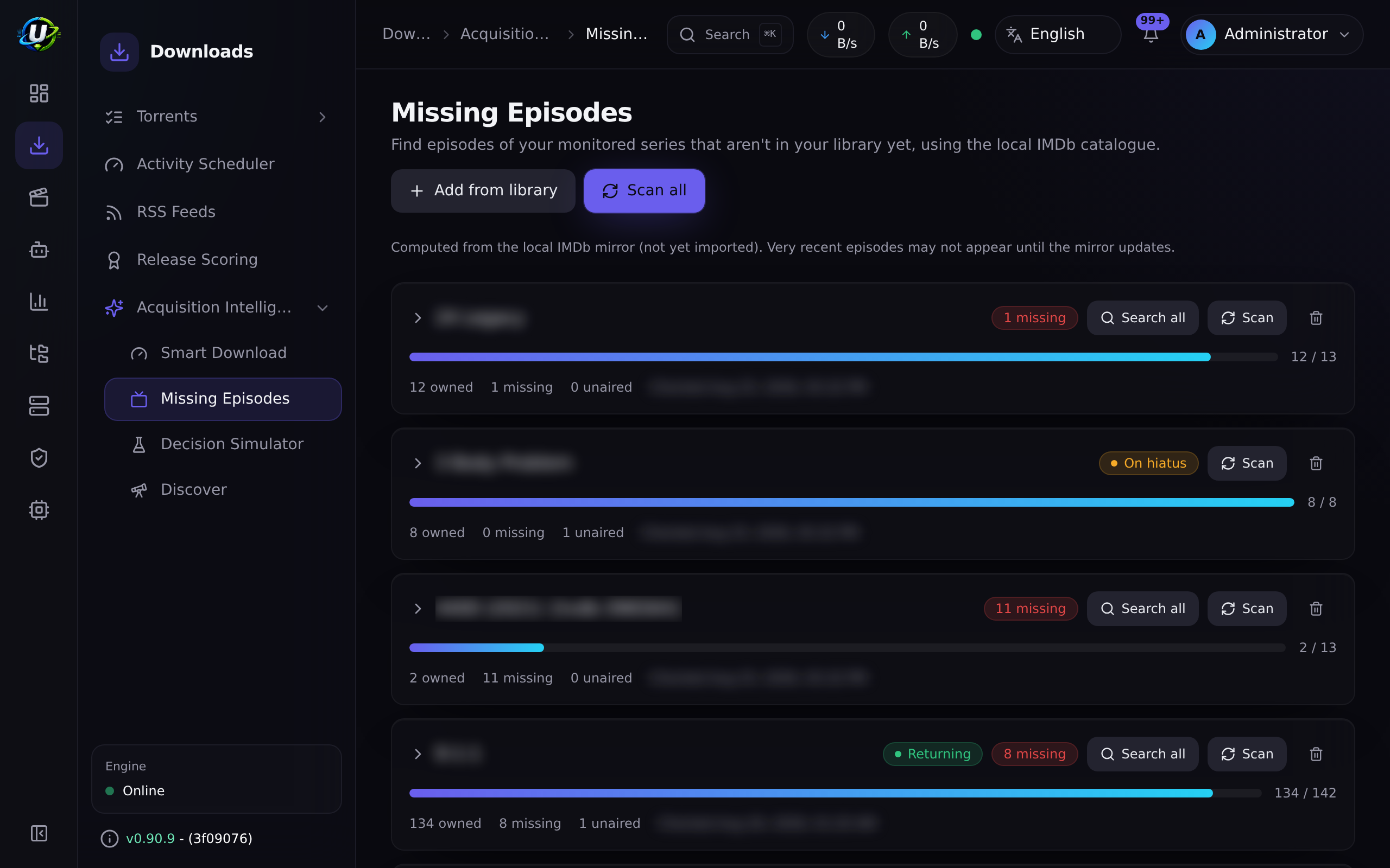 Cuadrícula de temporadas y episodios faltantes